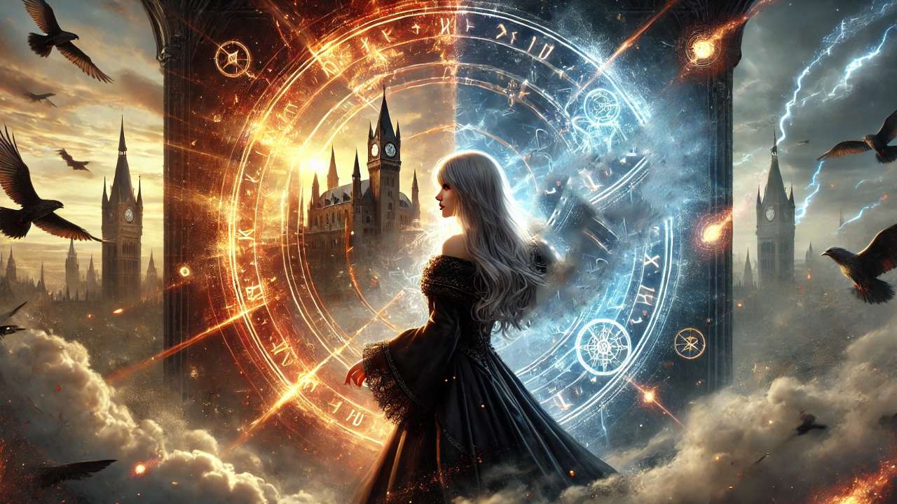 Sorceress stands in magical realm.