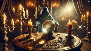 Hooded figure with glowing crystal.
