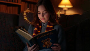 Girl reading magical Hogwarts book.
