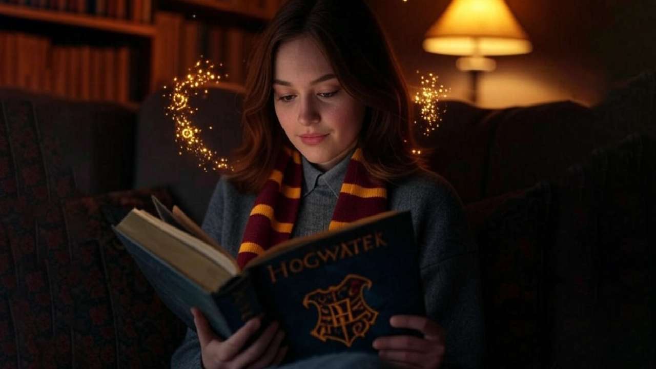 Girl reading magical Hogwarts book.