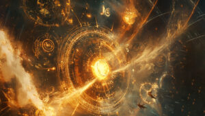 Futuristic golden celestial energy vortex.
