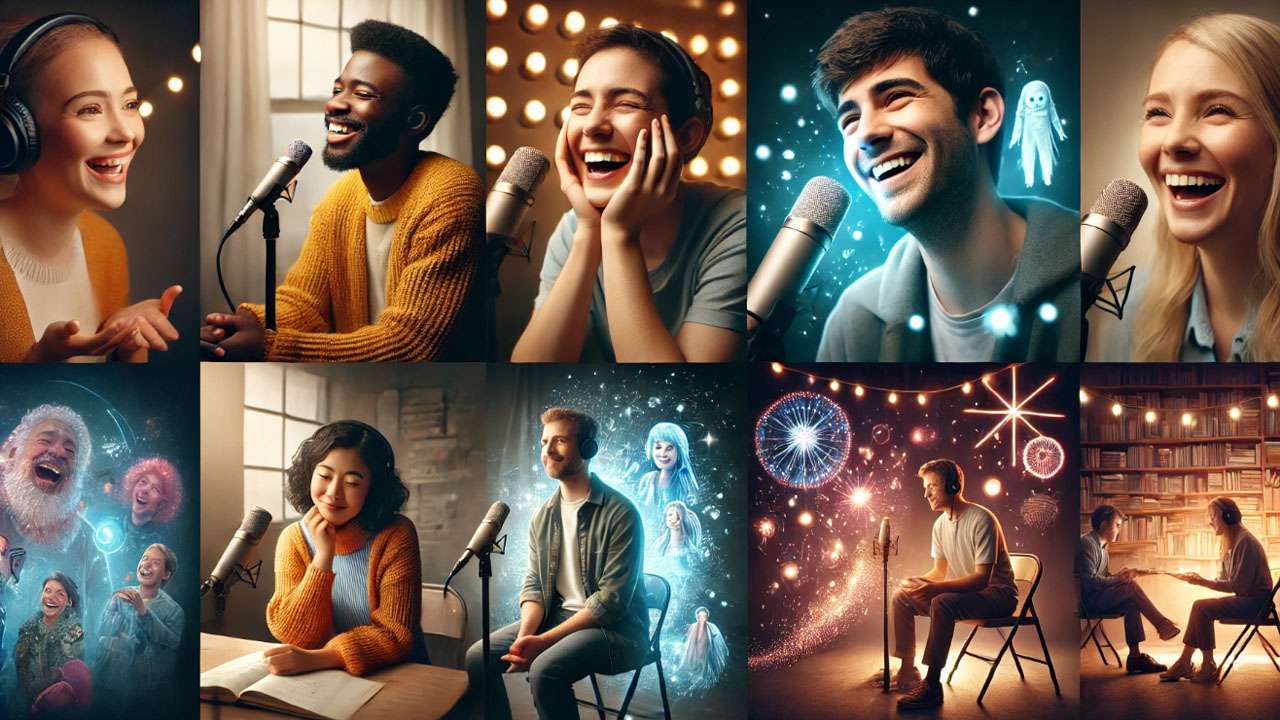 Collage of six diverse actors being interviewed in cozy, cinematic settings with microphones, glowing books, and sparkles evoking magical energy