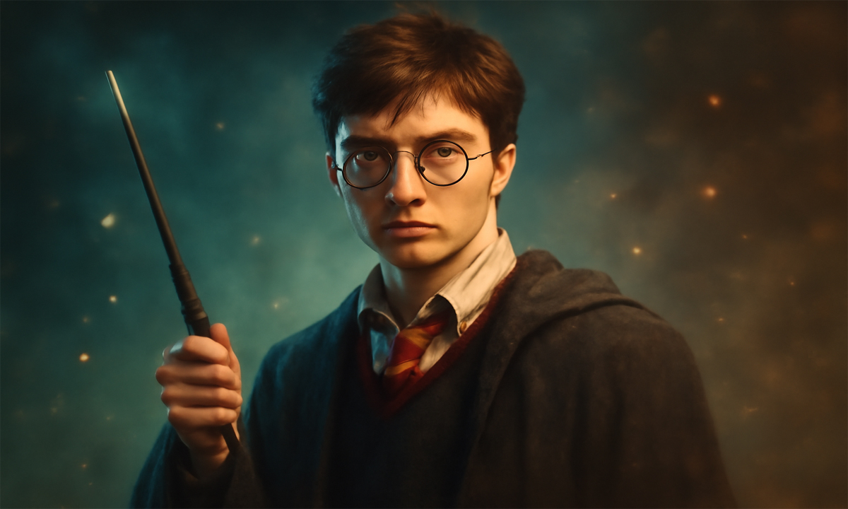 Harry Potter holding his wand, looking determined against a magical, mystical background, showcasing his iconic glasses and Gryffindor scarf.