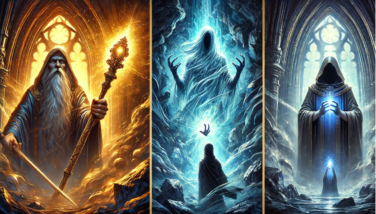 Epic fantasy wizards conjuring magic in mystical gothic settings – a powerful wizard with a golden staff, a ghostly spectral mage with glowing blue energy, and a dark-robed sorcerer summoning arcane power inside a cathedral-like chamber.