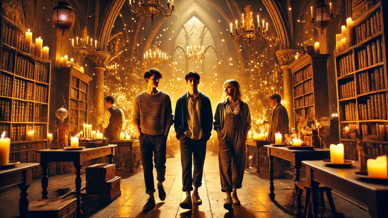 A trio of young actors stroll through a cozy, golden-lit wizard school movie set