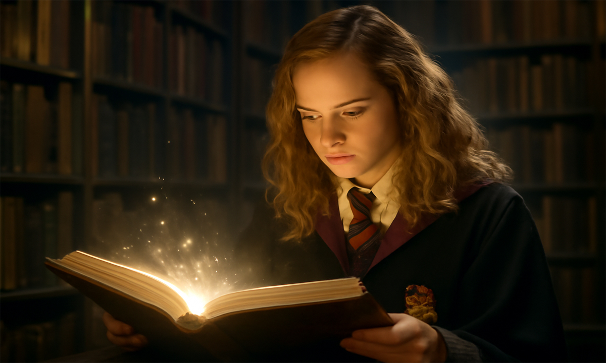 Hermione Granger reading a magical book in the Hogwarts library, with light emanating from the pages, highlighting her focus and intellectual strength. The background features towering bookshelves, creating an atmosphere of wisdom and determination.