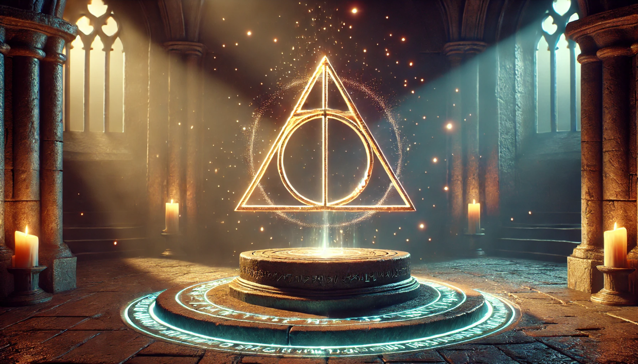 Magical glowing symbol of the Deathly Hallows hovering above a mystical ritual platform in an ancient candle-lit stone chamber with arcane runes and ambient light beams.