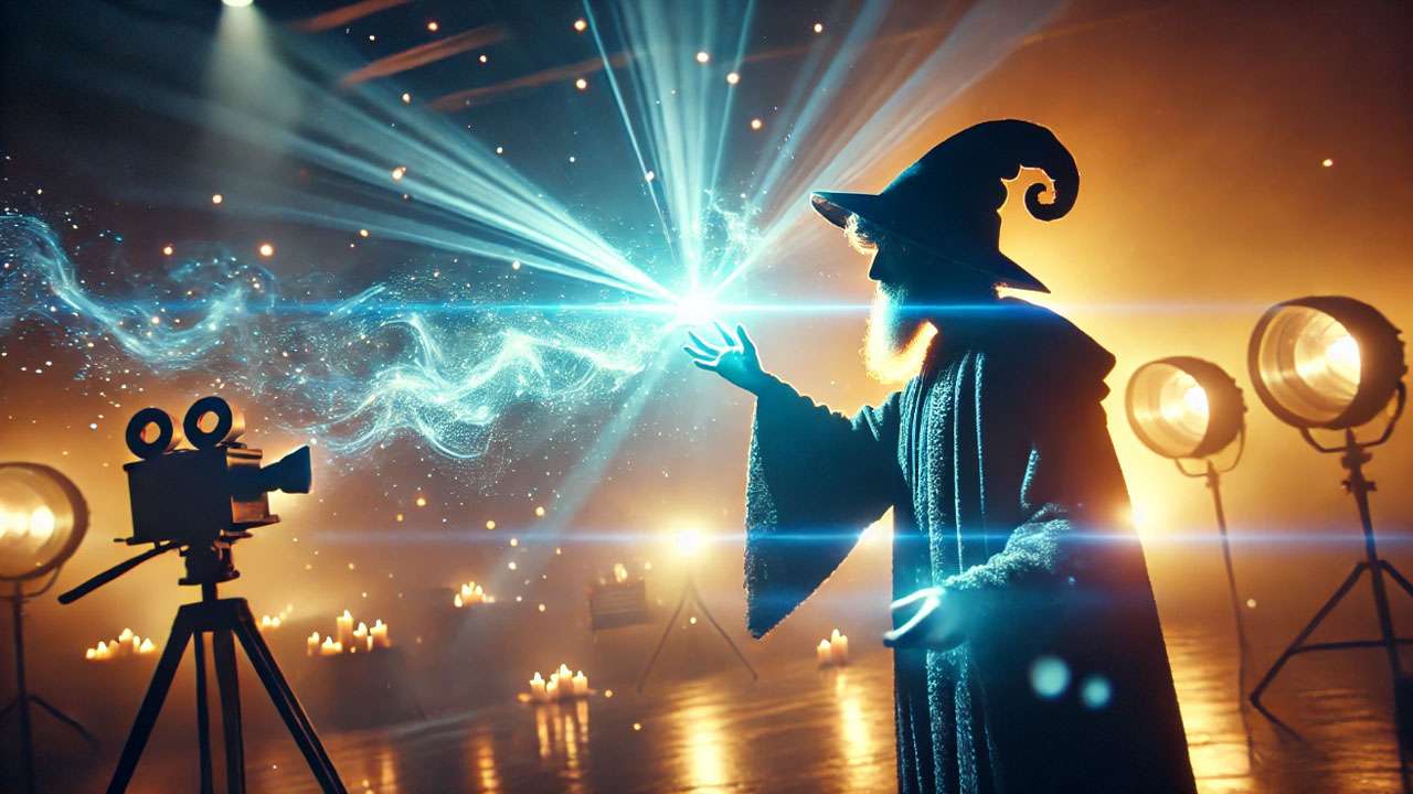 A cinematic fantasy scene of a wizard casting a glowing magical spell, with radiant light illuminating their face and surroundings