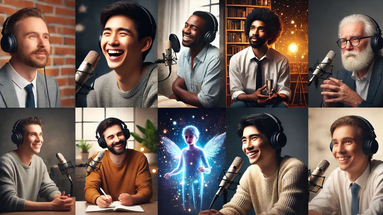 Modern collage of six diverse actors in various interview settings with microphones, soft cinematic lighting, and subtle magical visual effects.