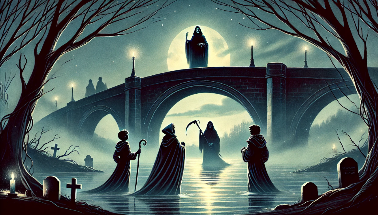 Dark fantasy scene of three cloaked figures meeting Death on a moonlit river beneath a gothic stone bridge, surrounded by gravestones and eerie trees under a full moon.
