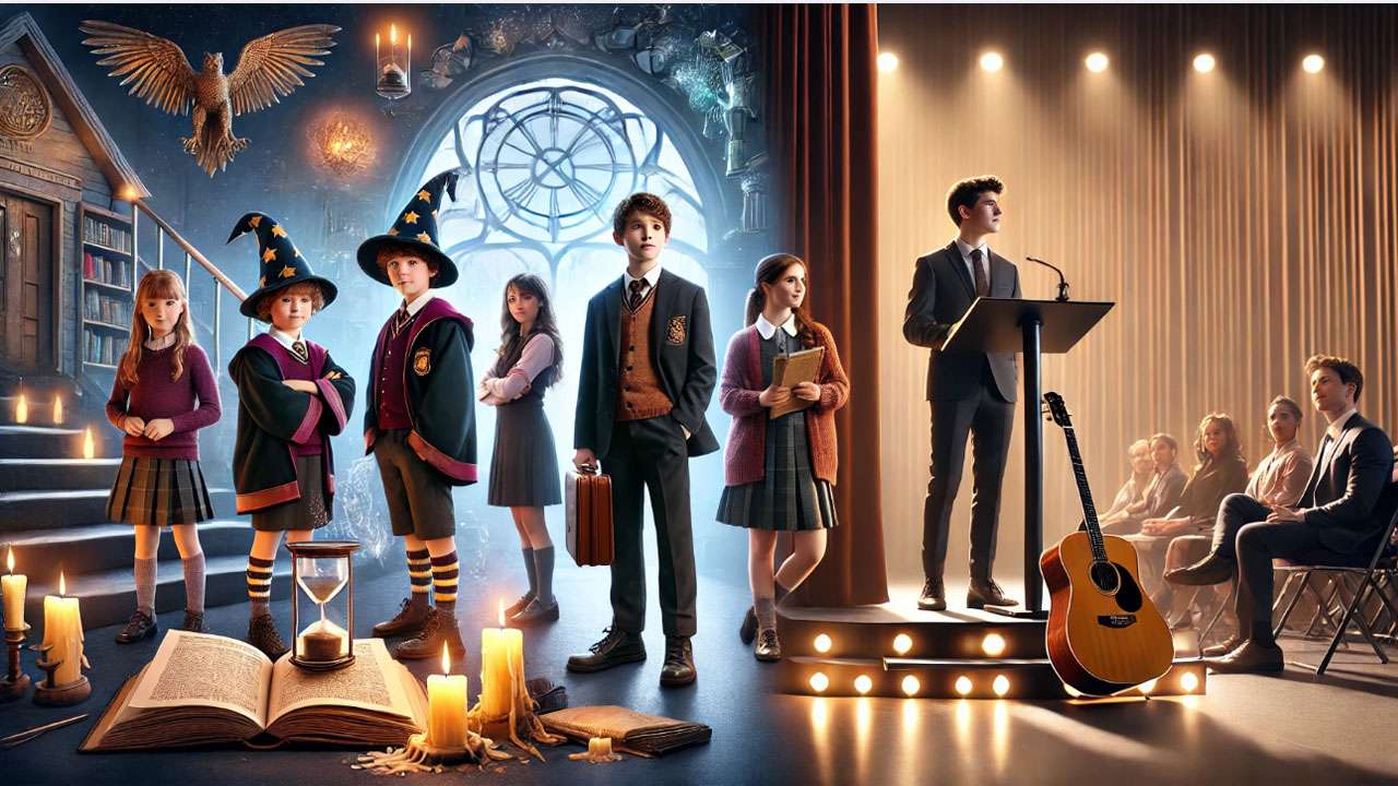 A split-image showing three fictional child actors on the left side, dressed in magical school uniforms, standing on a whimsical wizard school set with floating candles and old books