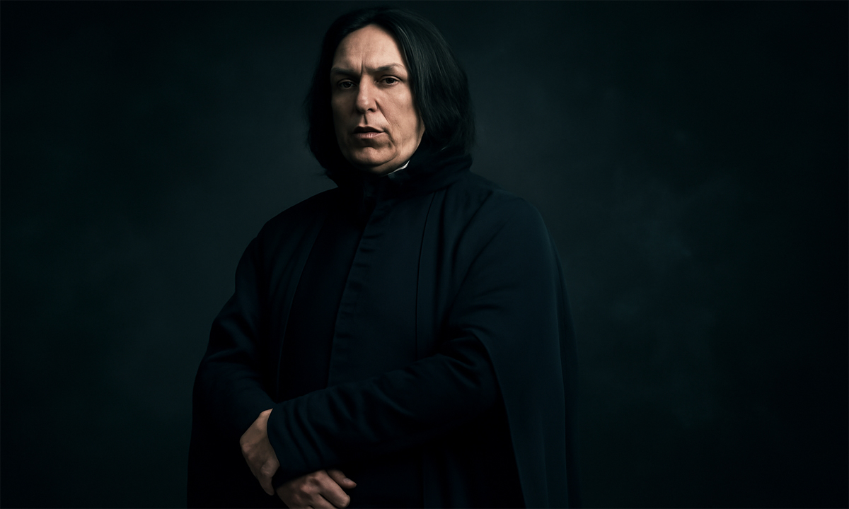 Severus Snape standing tall in his black professor’s cloak, with a serious and melancholic expression. The dark, moody background and subtle magical elements reflect his complex, antiheroic nature.