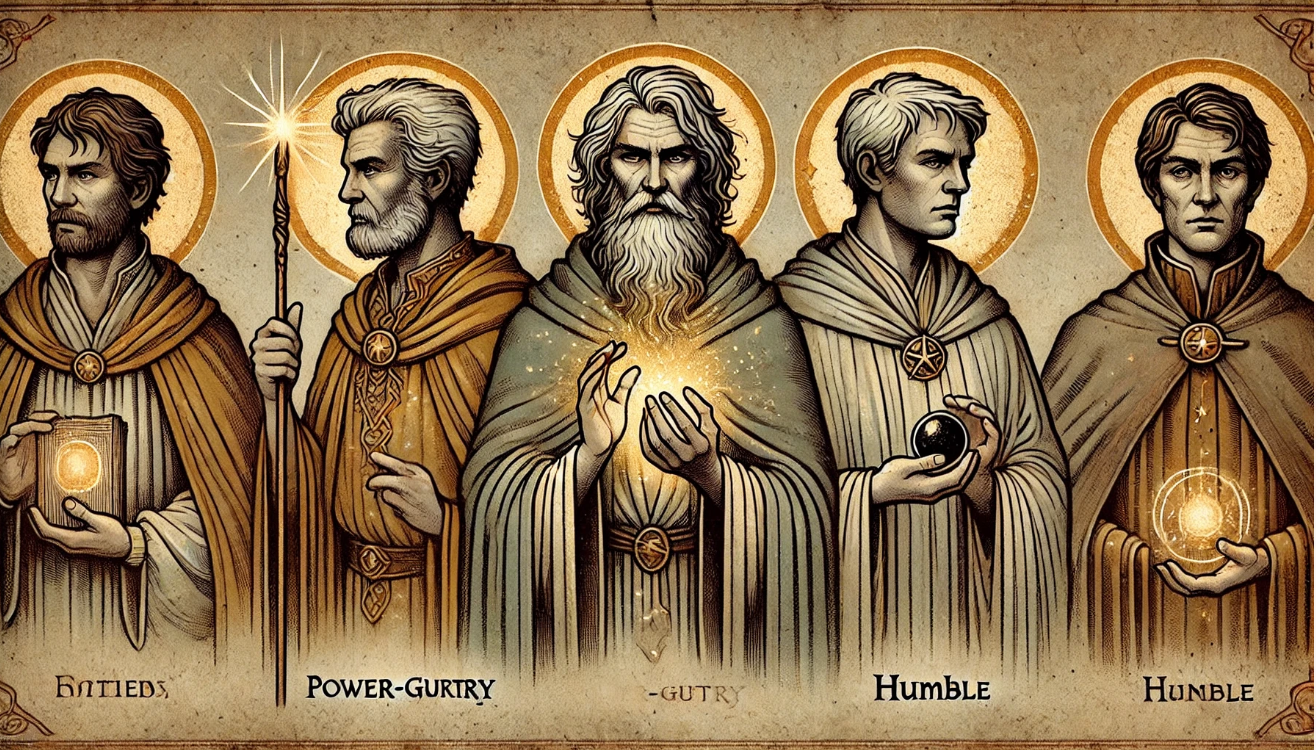 Illustration of five ancient wizards with glowing magical artifacts and golden halos, each representing traits like power, humility, and knowledge in a medieval fantasy art style.