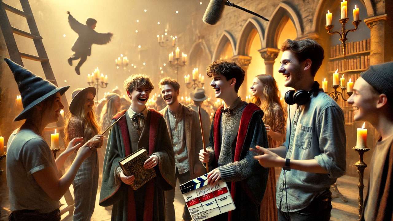 A candid behind-the-scenes moment on a fictional fantasy film set