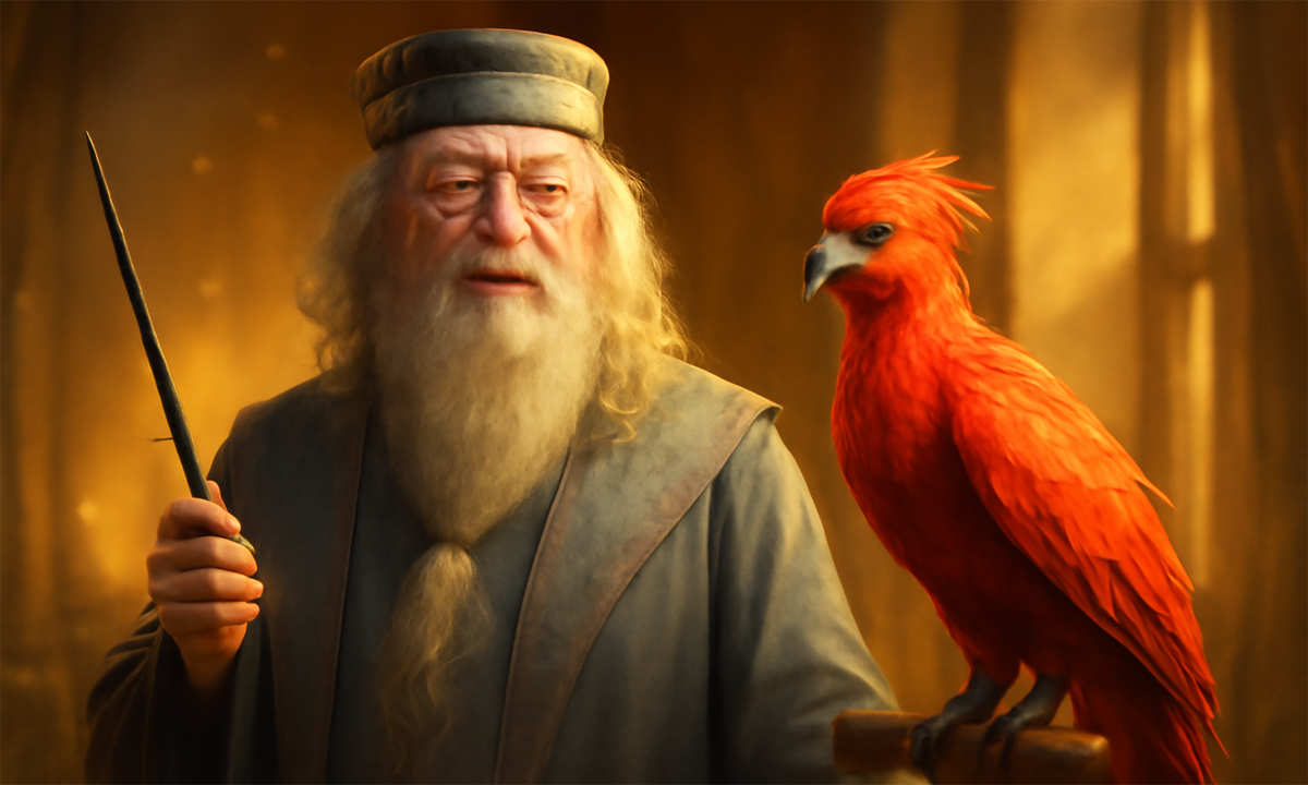 Albus Dumbledore standing in a golden-lit room with his wand in hand, accompanied by Fawkes the phoenix. His serene expression and the warm, inviting atmosphere reflect his wisdom, kindness, and role as a compassionate mentor.
