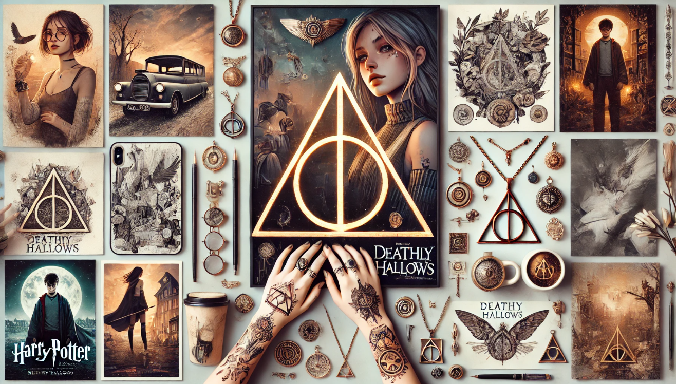 Aesthetic Harry Potter Deathly Hallows collage featuring magical symbols, vintage artwork, jewelry, tattoos, characters, and merchandise in a fantasy-themed flat lay design.