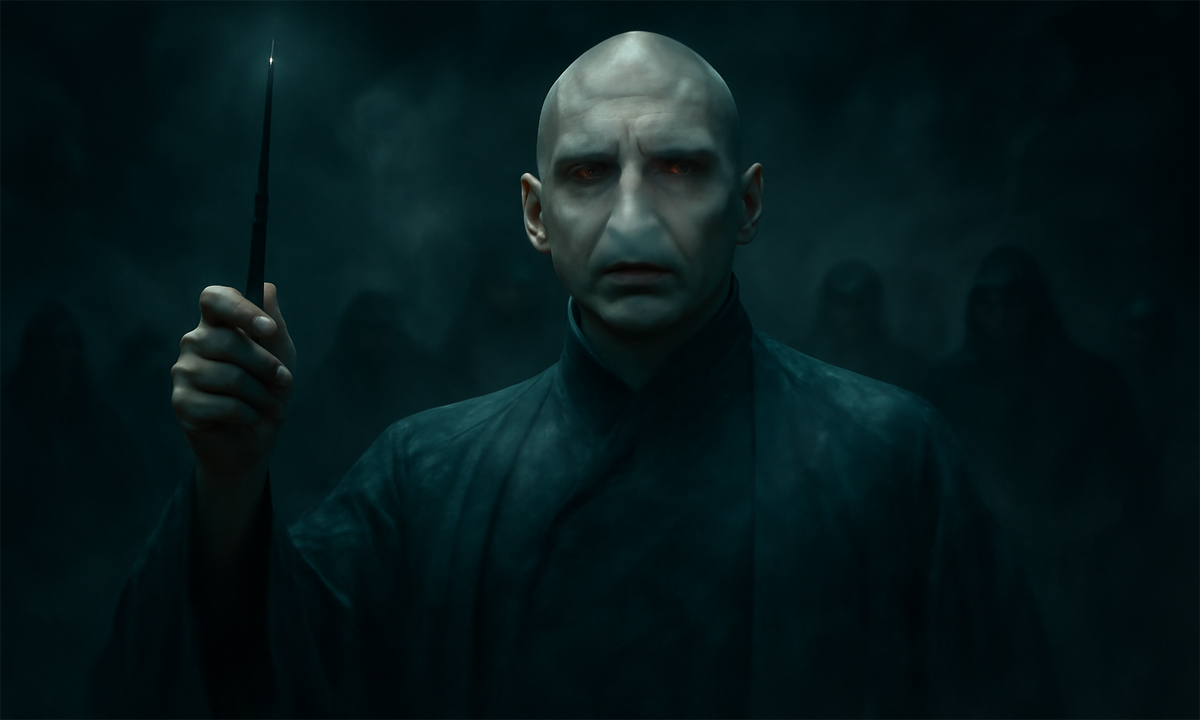 Lord Voldemort standing tall with his wand raised, his pale, snake-like face and red eyes glowing in a dark, foreboding atmosphere. The background features swirling shadows and faint figures of his Death Eaters, capturing his aura of fear and power.
