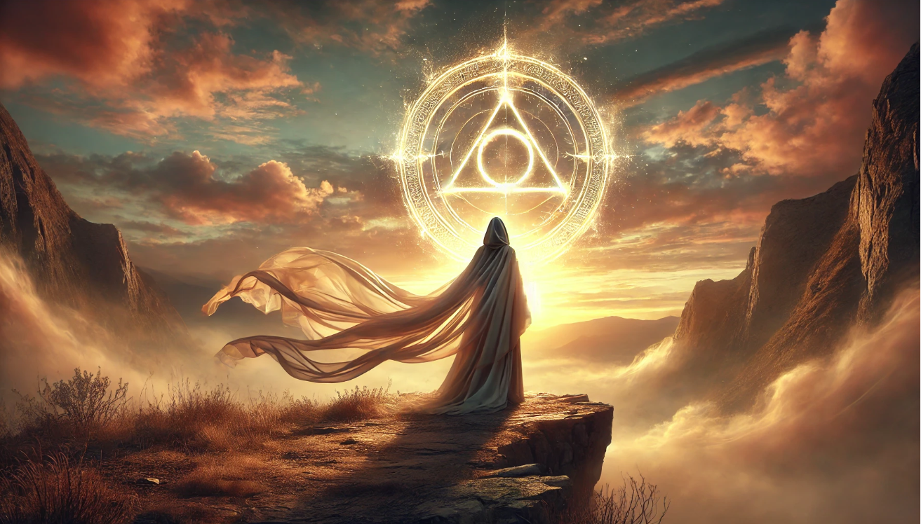 Cloaked figure standing on a mountain cliff at sunset, gazing at a glowing magical Deathly Hallows symbol floating in the sky amid a dramatic fantasy landscape 
