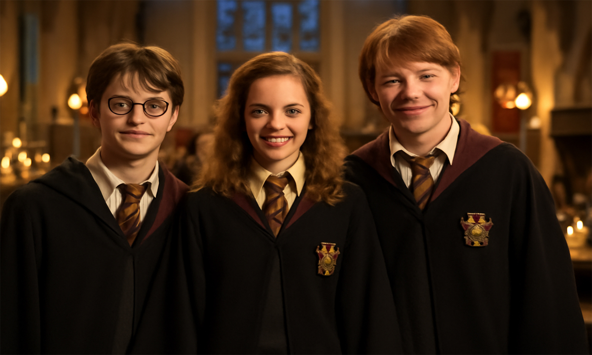 Harry Potter, Hermione Granger, and Ron Weasley smiling together in the Great Hall at Hogwarts, dressed in Gryffindor robes. The warm lighting and inviting atmosphere reflect their strong friendship, unity, and growth throughout the series.
