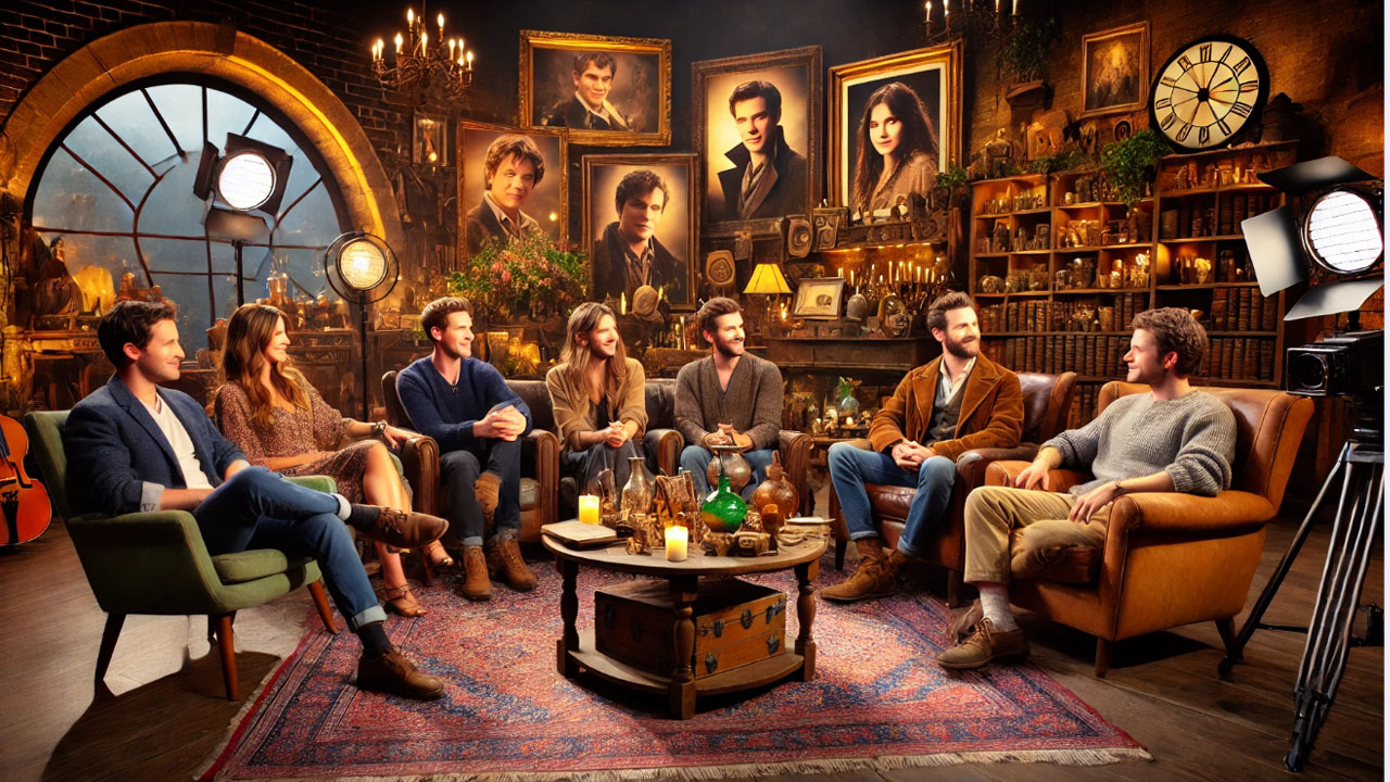 Fantasy film cast members gathered for a cozy roundtable interview