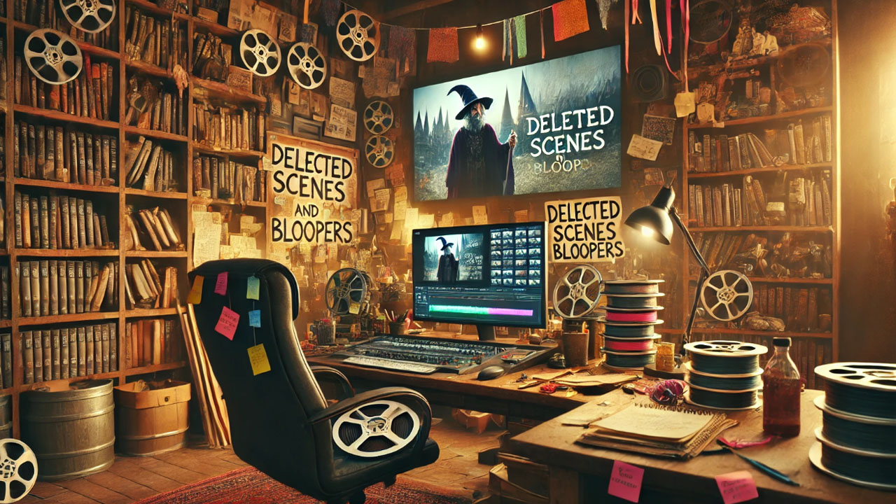 Creative film editing workspace featuring a screen playing fantasy wizard movie outtakes