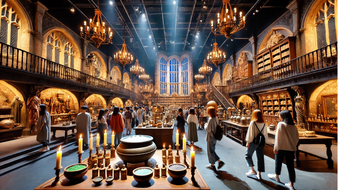 Visitors exploring a fantasy movie studio tour with detailed sets including a great hall, potion classroom