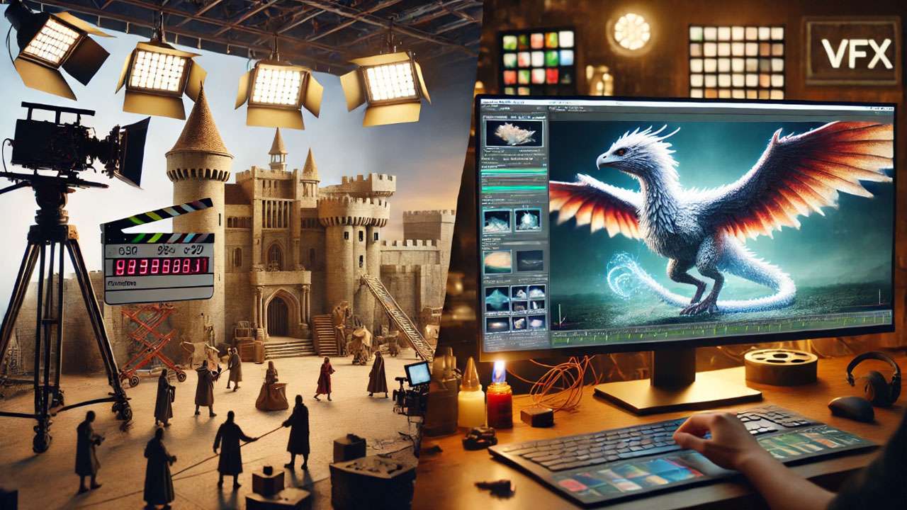 Split image featuring a physical model of a fantasy castle under studio lighting on one side, and a digital 3D rendering of a mythical bird on a computer screen on the other