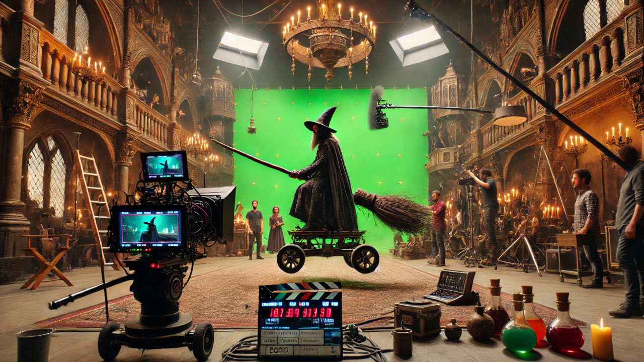 Film production set with an actor in a wizard costume on a mechanical broomstick rig in front of a green screen