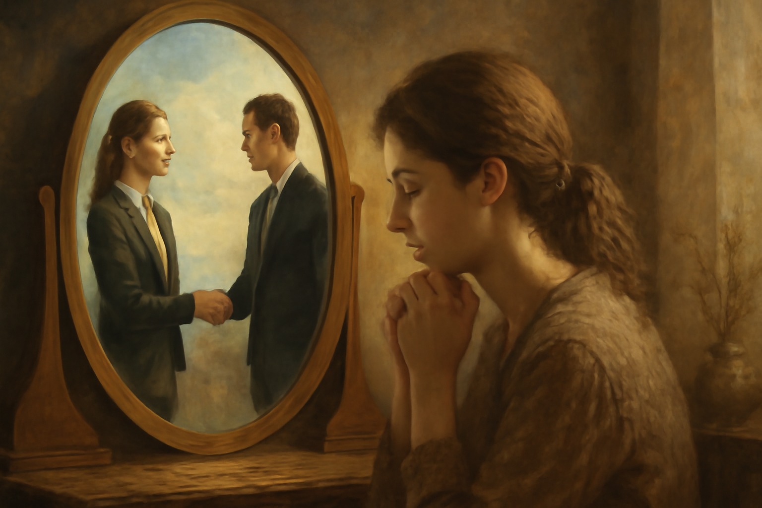 Oil painting of a young woman in profile gazing into a mirror. The reflection shows her in professional attire, shaking hands with a man, symbolizing a dream of career success. The peaceful real self of the woman is reflected as she sits in introspection, with soft lighting and warm earthy tones surrounding her in a serene, reflective atmosphere.
