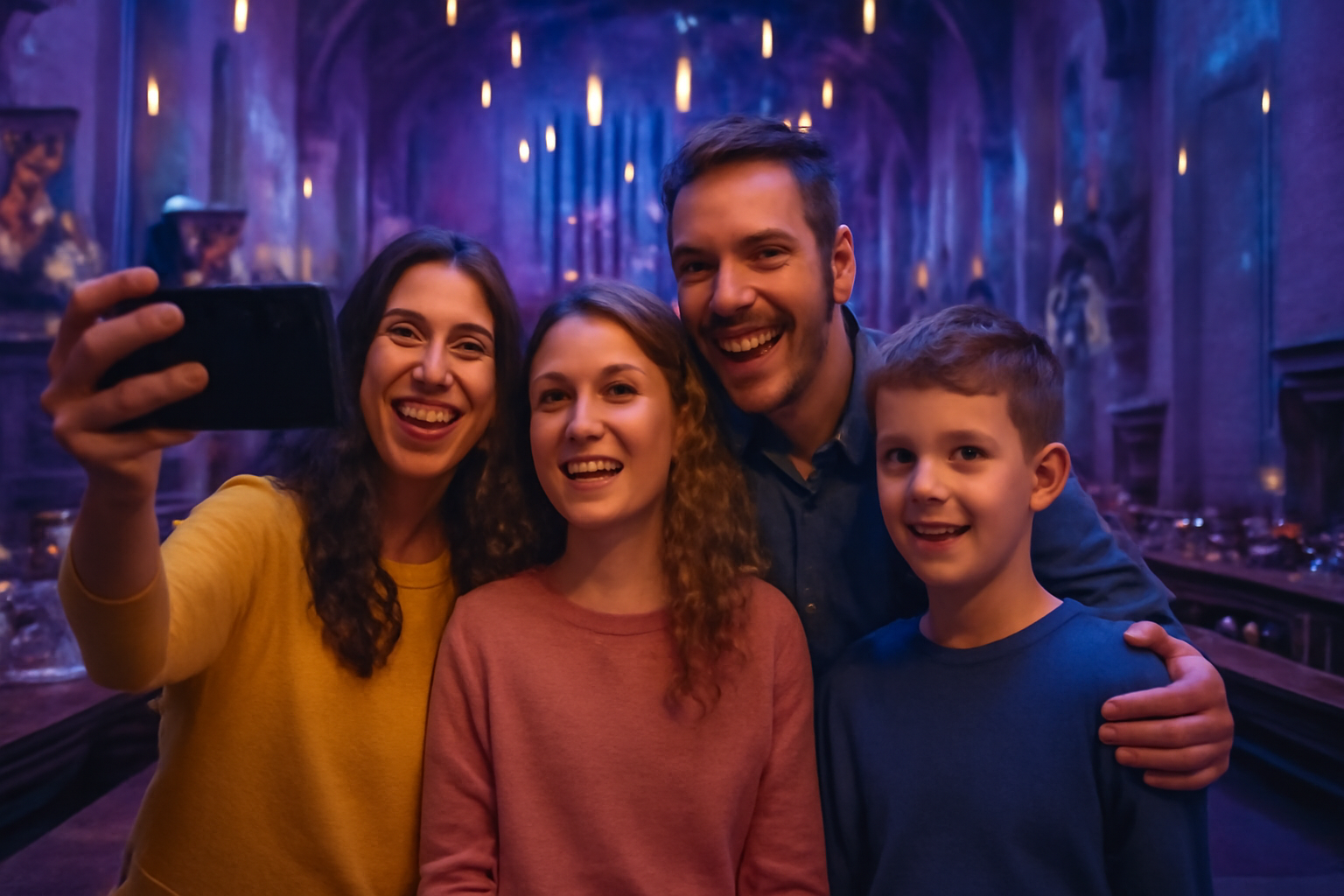 Family of four smiling and taking a selfie inside the Great Hall at Warner Bros. Studio Tour. The magical glow of floating candles and the enchanting atmosphere of the Harry Potter exhibit create a joyful and memorable moment. 