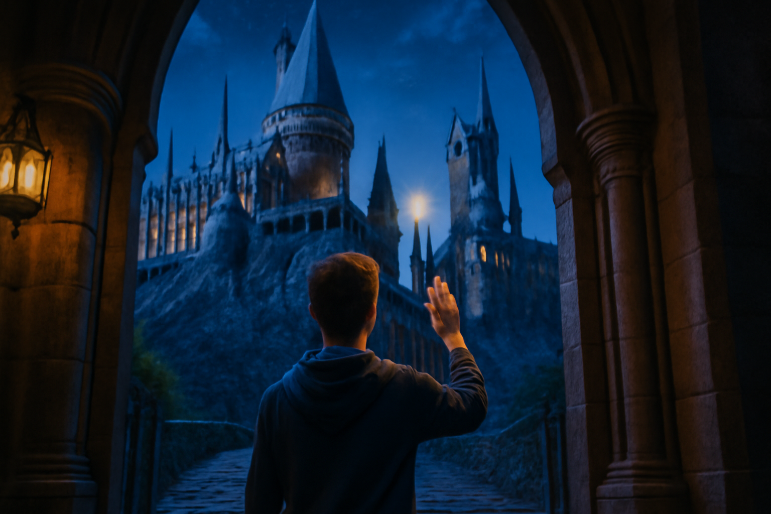 Fan standing at the entrance of Hogwarts Castle with a glowing wand raised, ready to embark on a magical adventure. The iconic castle looms in the background, illuminated by warm light against a cool twilight sky, creating a mystical atmosphere. 