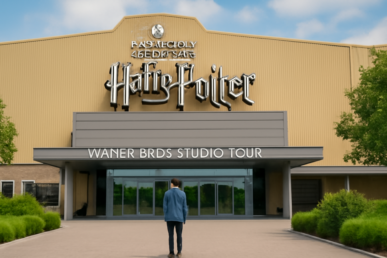 Visitor standing in front of the Warner Bros. Studio Tour London entrance, with the iconic Harry Potter logo above. Surrounded by lush greenery, the modern building exudes a sense of magic and grandeur, welcoming visitors to the studio tour. 