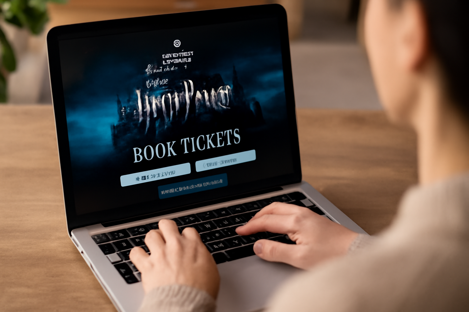 Person booking tickets for the Harry Potter Studio Tour London on a laptop, with the official website displayed on the screen. The image captures the excitement of planning a visit to the iconic studio tour. 