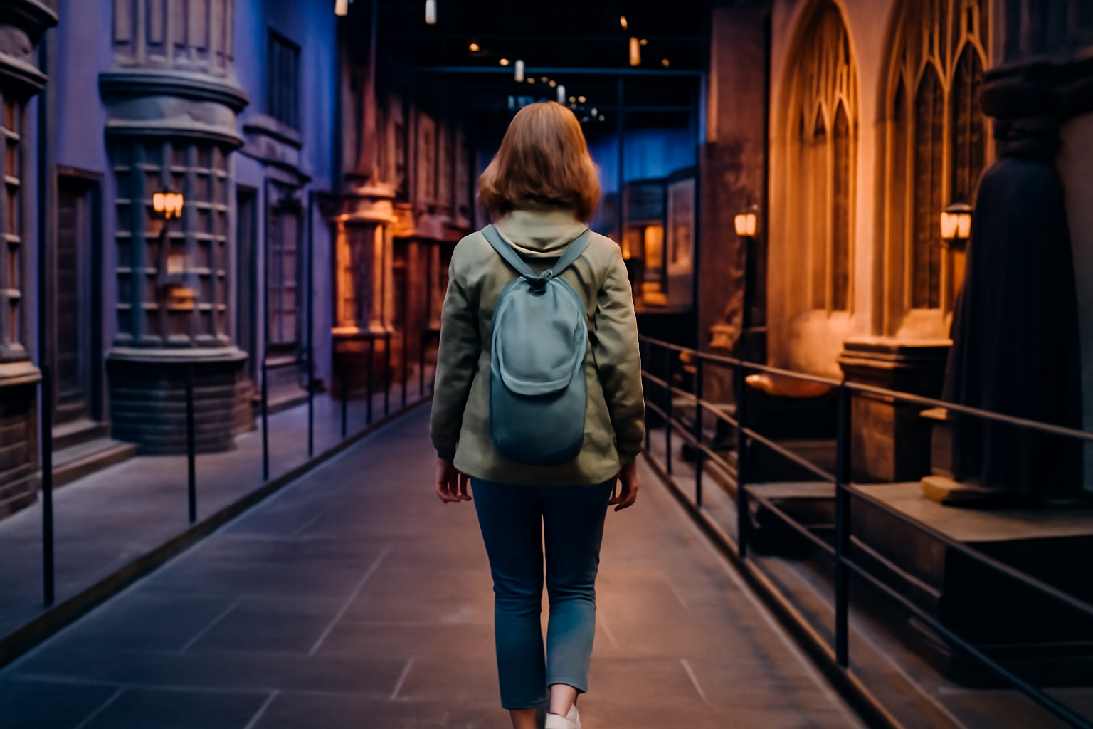Visitor walking through the Harry Potter Studio Tour London, wearing a light jacket, comfortable shoes, and a small backpack. The iconic sets of Ollivanders Wand Shop and the Gryffindor common room create an enchanting and immersive atmosphere.