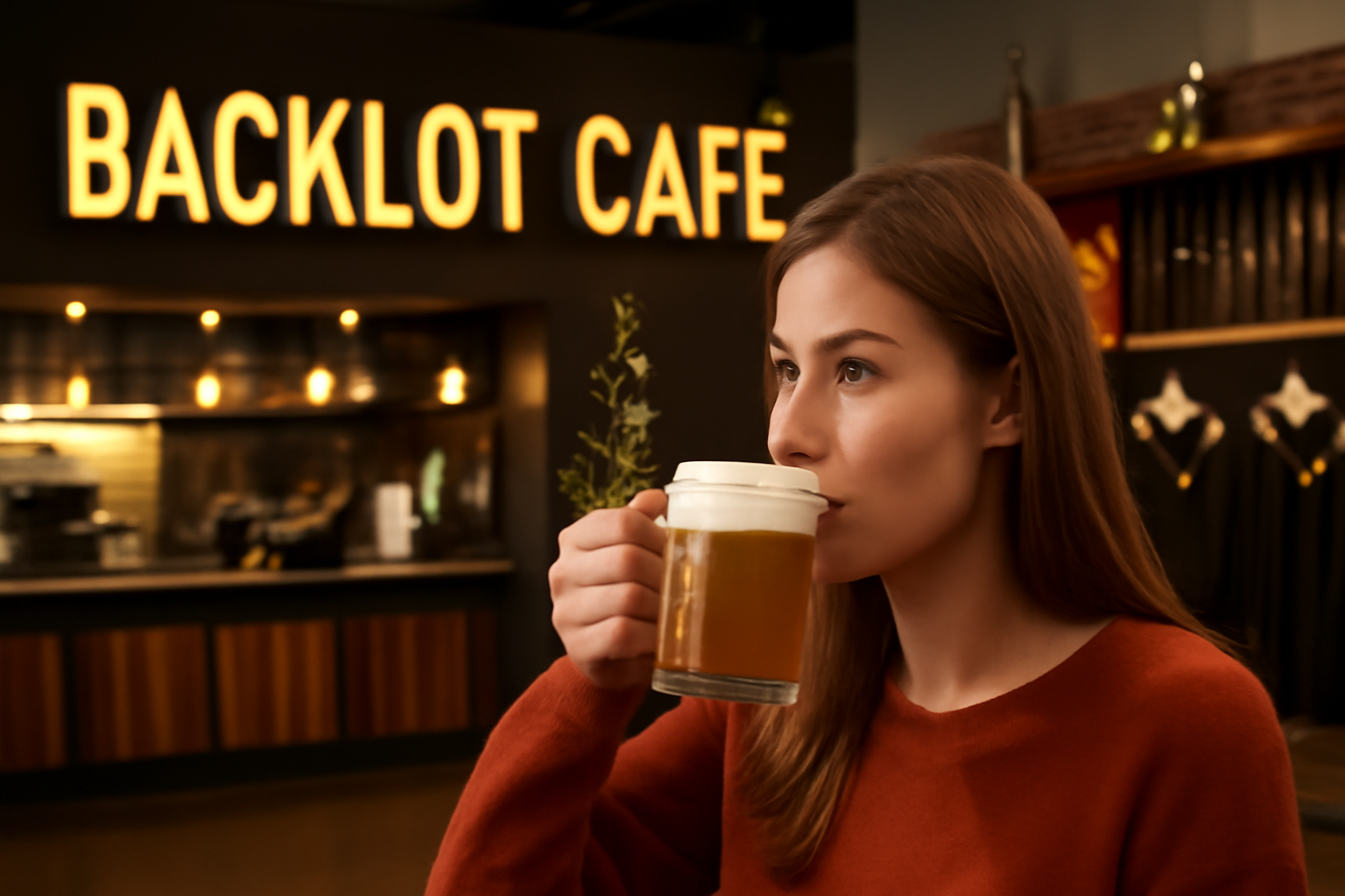 Visitor enjoying a frothy Butterbeer at the Backlot Café in the Harry Potter Studio Tour London. The warm café lighting and Hogwarts-themed decorations create a cozy atmosphere, with magical merchandise in the background.
