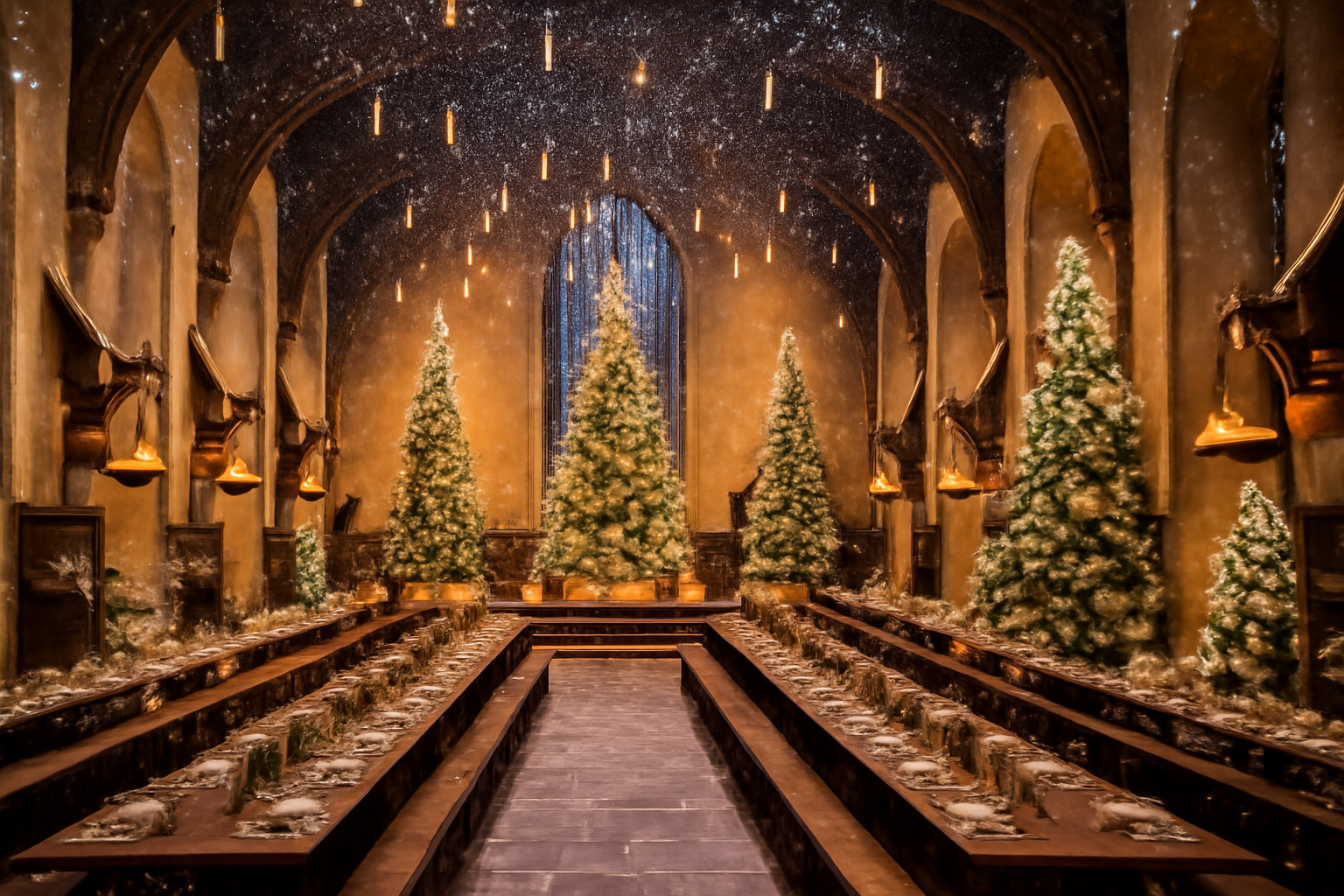Christmas-themed Great Hall at the Harry Potter Studio Tour London, beautifully decorated with snowy Christmas trees, floating candles, and festive decorations. Snow gently falls from the vaulted ceiling, creating a magical winter wonderland atmosphere.
