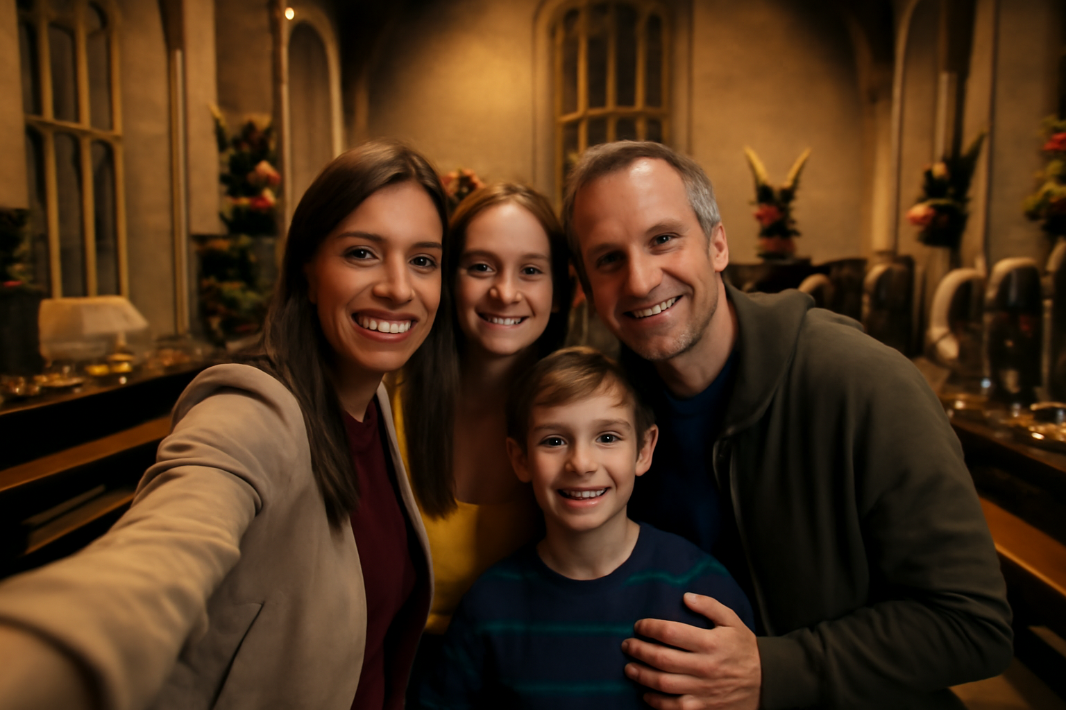 Family of four smiling and taking a selfie in the Great Hall at the Harry Potter Studio Tour London. The iconic medieval architecture and warm lighting create a magical backdrop for their joyful moment.