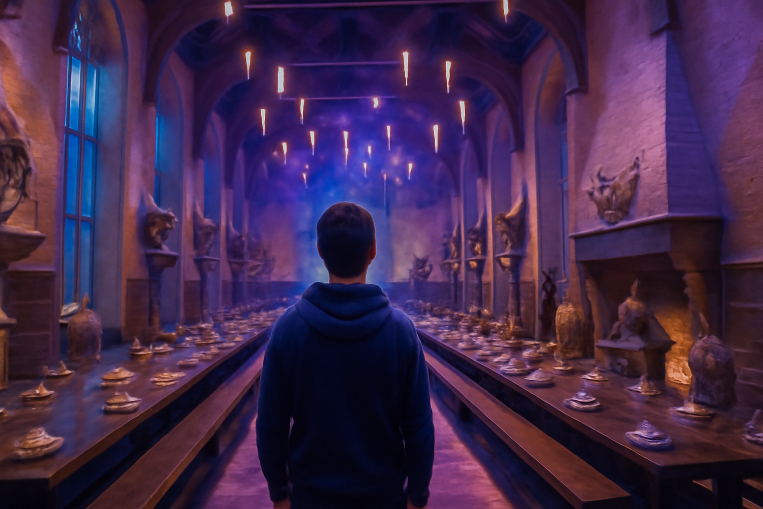 Young fan stands in awe in the Great Hall at Warner Bros. Studio Tour, with floating candles and magical lighting illuminating the iconic set from the Harry Potter films. The scene captures the wonder of the wizarding world with intricate props and atmospheric details. 