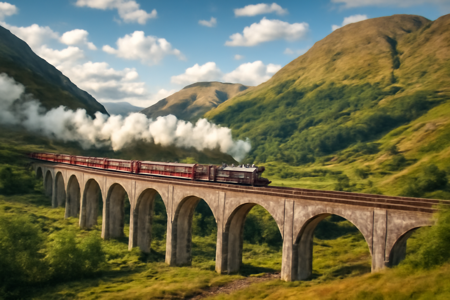 Hogwarts Express crosses the Glenfinnan Viaduct in Scotland, surrounded by the breathtaking Scottish Highlands. The iconic train, trailing white smoke, moves gracefully over the historic bridge, set against lush green valleys and towering mountains.