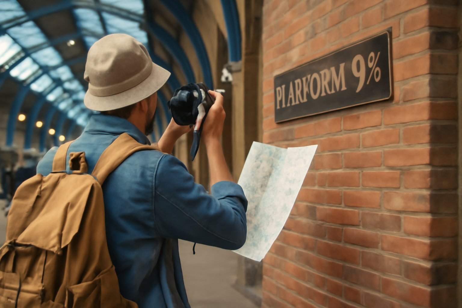 Traveler at King's Cross Station, excitedly preparing to take a photo at Platform 9¾. Holding a map in one hand and a camera in the other, the light-skinned traveler stands before the iconic sign, with the station's vintage architecture as a warm, inviting backdrop.