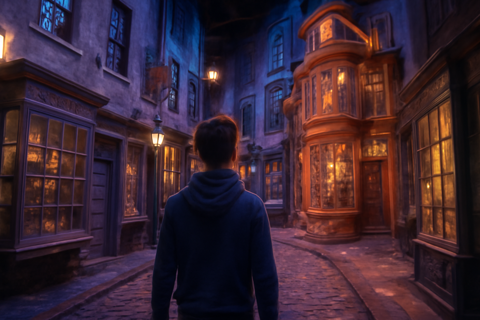 Traveler strolling through Diagon Alley at Warner Bros. Studio Tour, surrounded by glowing magical shop windows and iconic props from the Harry Potter films. The cobblestone path and vintage lanterns add to the enchanting atmosphere of the wizarding world.