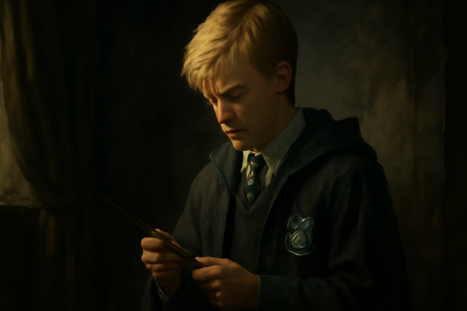 Young blonde-haired wizard in Slytherin robes, deeply contemplating a letter in a dimly lit, shadowy room. His conflicted expression reflects the internal struggle between family loyalty and his growing conscience, with soft lighting accentuating his features against a moody backdrop.