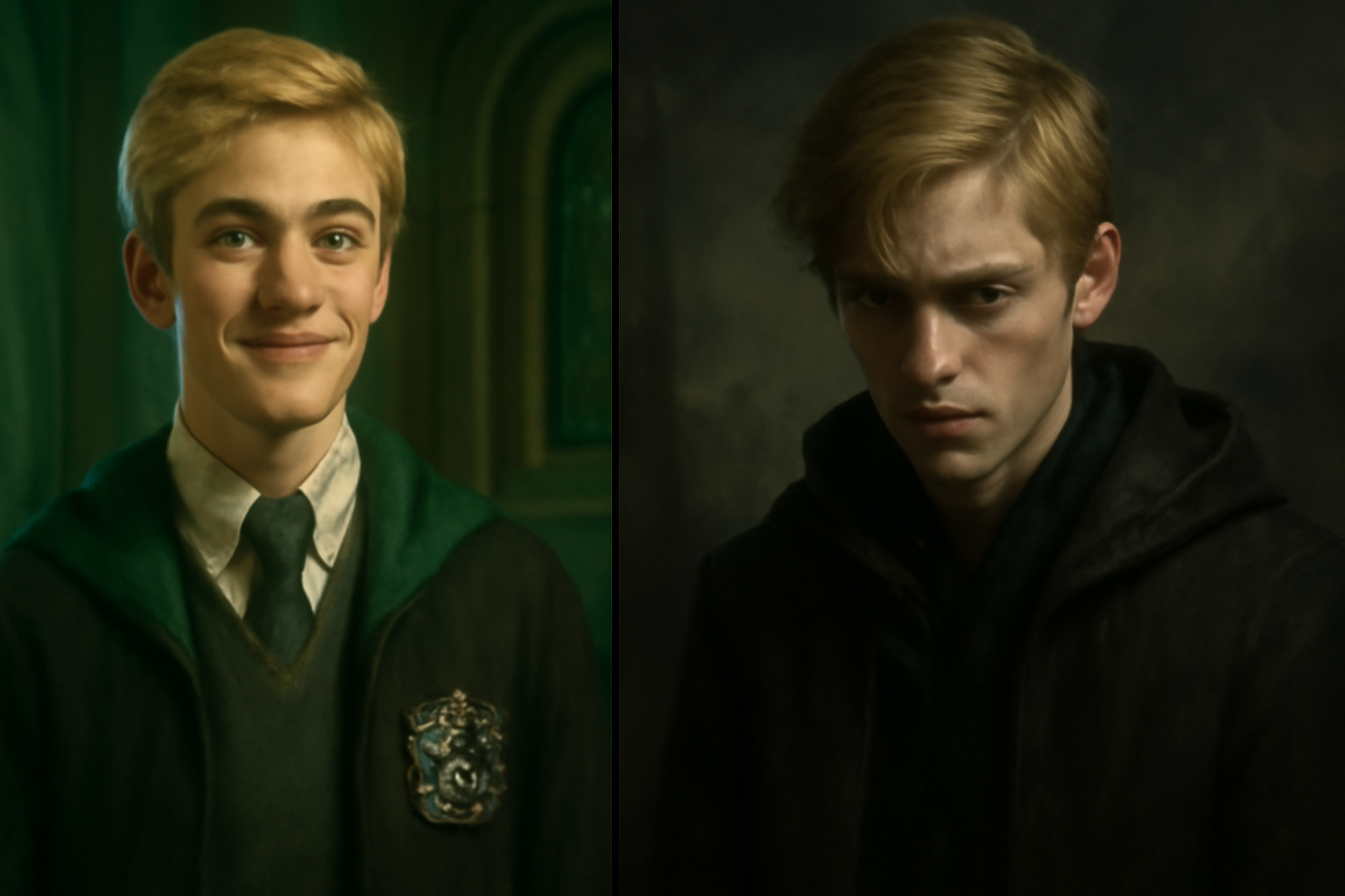 Side-by-side portraits of a young man in Slytherin robes smiling brightly on the left, and the same character with a serious expression in dark clothing on the right, depicting a contrast between light and dark moods.
