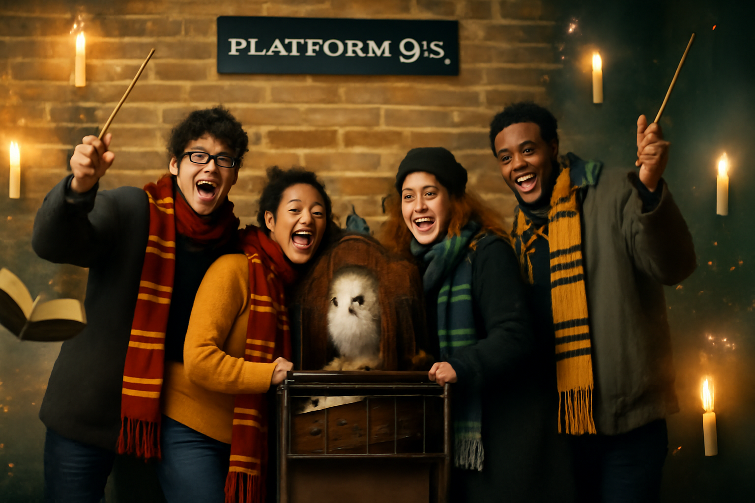 Harry Potter fans at Platform 9 3/4 in King's Cross Station, posing joyfully around a trolley with magical items like a snowy owl in a birdcage, capturing the enchanting atmosphere of the Wizarding World.