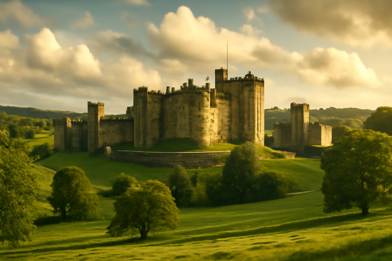 Alnwick Castle in Northumberland, bathed in golden sunlight, surrounded by lush greenery and rolling hills, evoking the magical grandeur of Hogwarts.
