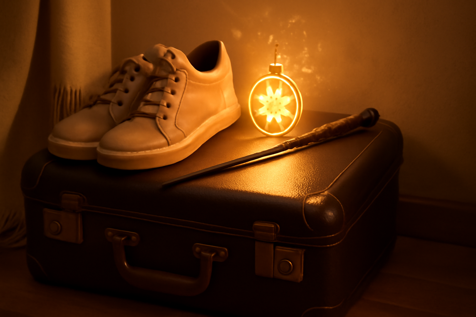 Stylish travel setup featuring a leather suitcase, cozy sneakers, a magical wand, and a glowing charm, creating a cozy, travel-ready vibe with a soft, magical glow in the background.
