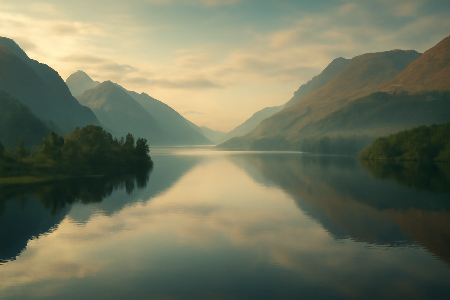 Serene and breathtaking view of Loch Shiel in the Scottish Highlands, surrounded by mist-covered mountains and reflecting the soft golden light, evoking a peaceful and magical atmosphere akin to Hogwarts' Black Lake.