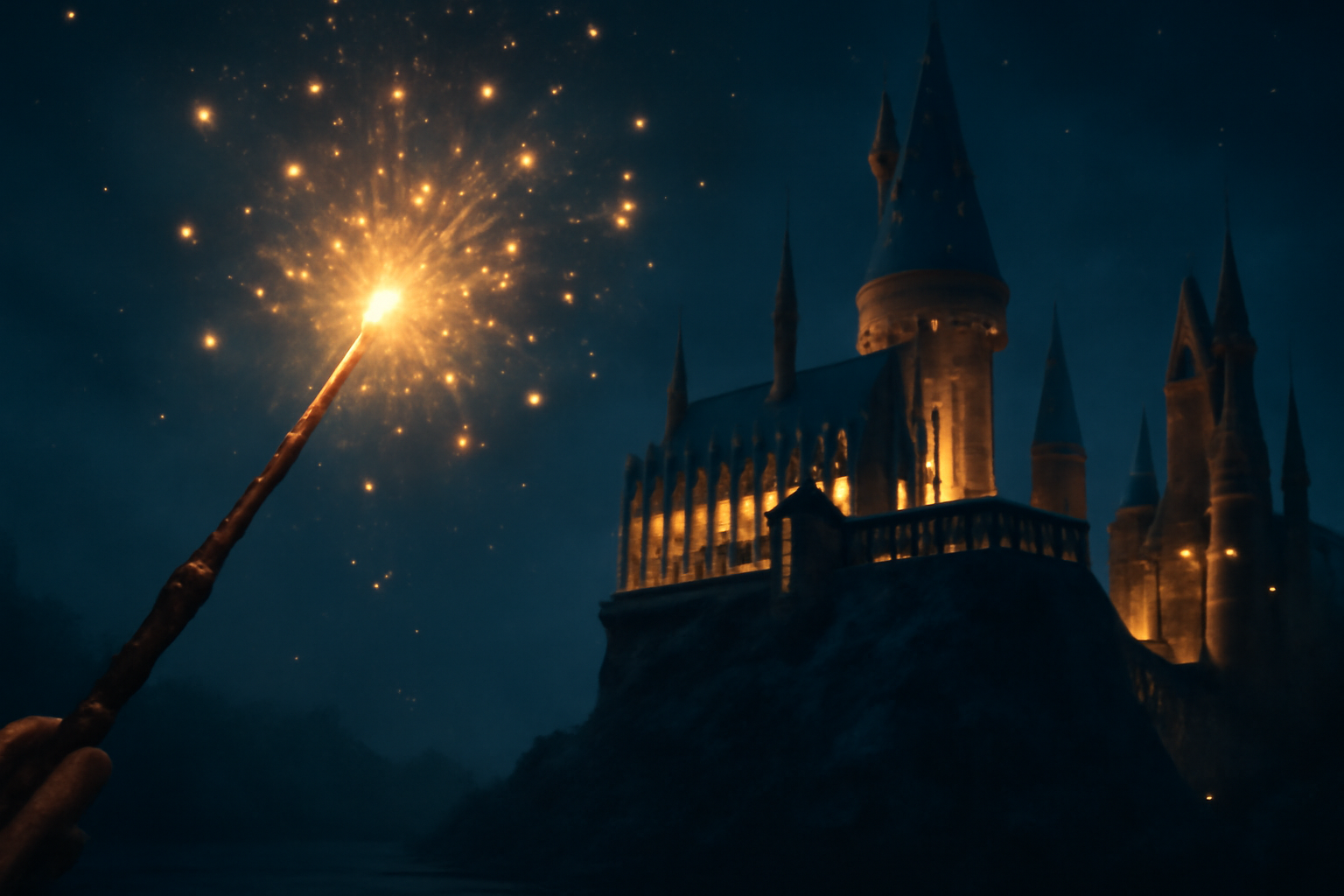 Glowing wand casting magical sparks with Hogwarts Castle illuminated in the background, set under a starry sky, evoking a sense of wonder, adventure, and the enchanting magic of the Wizarding World.
