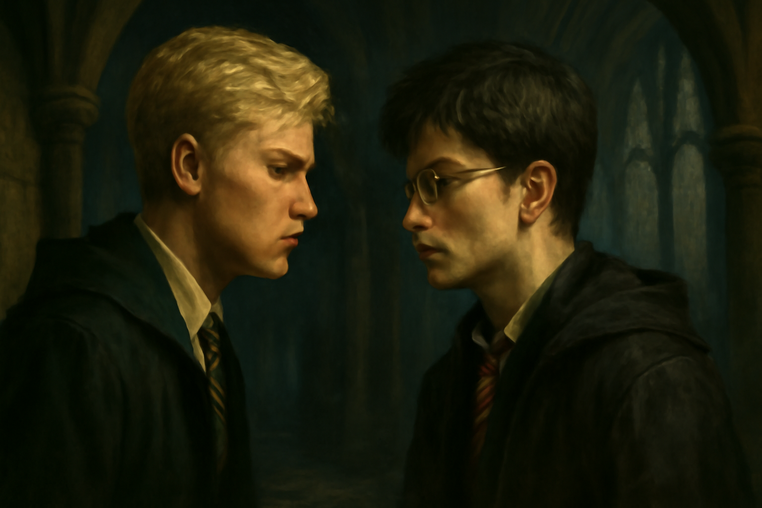 "Blonde-haired Slytherin wizard facing off against a dark-haired Gryffindor wizard in a tense standoff in a Hogwarts corridor. The two wizards have intense expressions, with dramatic lighting highlighting their contrasting personalities against the gothic stone background." 
