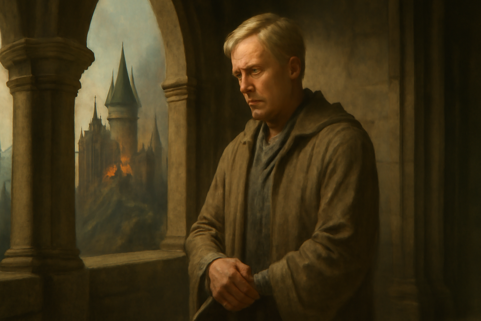 Mature blonde-haired wizard in neutral robes, standing thoughtfully in a grand magical castle corridor. He gazes out a window at the distant Battle of Hogwarts, symbolizing his redemption and moral shift, with warm lighting contrasting the dark, shadowed architecture.